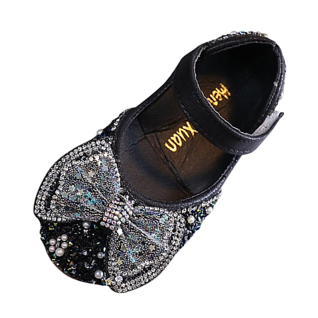 MEZZALL Sandales pour Filles Mode Printemps Été Fête Robe Danse Spectacle Chaussures de Princesse Perle Strass Nœud Bout Rond Talon Bas Confortables Adorables Chaussures pour Tout-Petits, Noir, 10-10,5 Ans