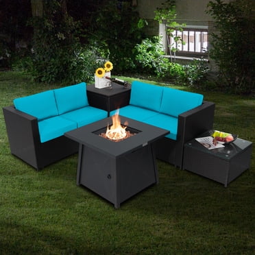 Patiojoy Ensemble de Mobilier de Patio Extérieur 5 Pcs avec Table de Foyer au Propane 50 000 BTU, Ensemble de Conversation en Osier PE pour Patio avec Coussins, Coffre de Rangement et Table Basse en Verre Trempé Turquoise