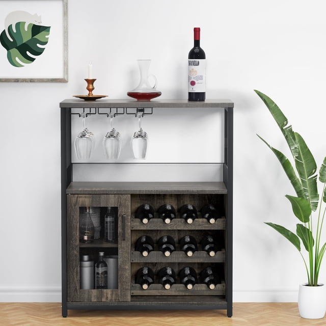 Yiwa Wine Bar Cabinet - Large Capacity Liquor Cabinet with Storage, Adjustable Shelves for Glassware, Sturdy MDF Construction, Easy Assembly Wine Rack Ideal for Dining Room Bar & Kitchen