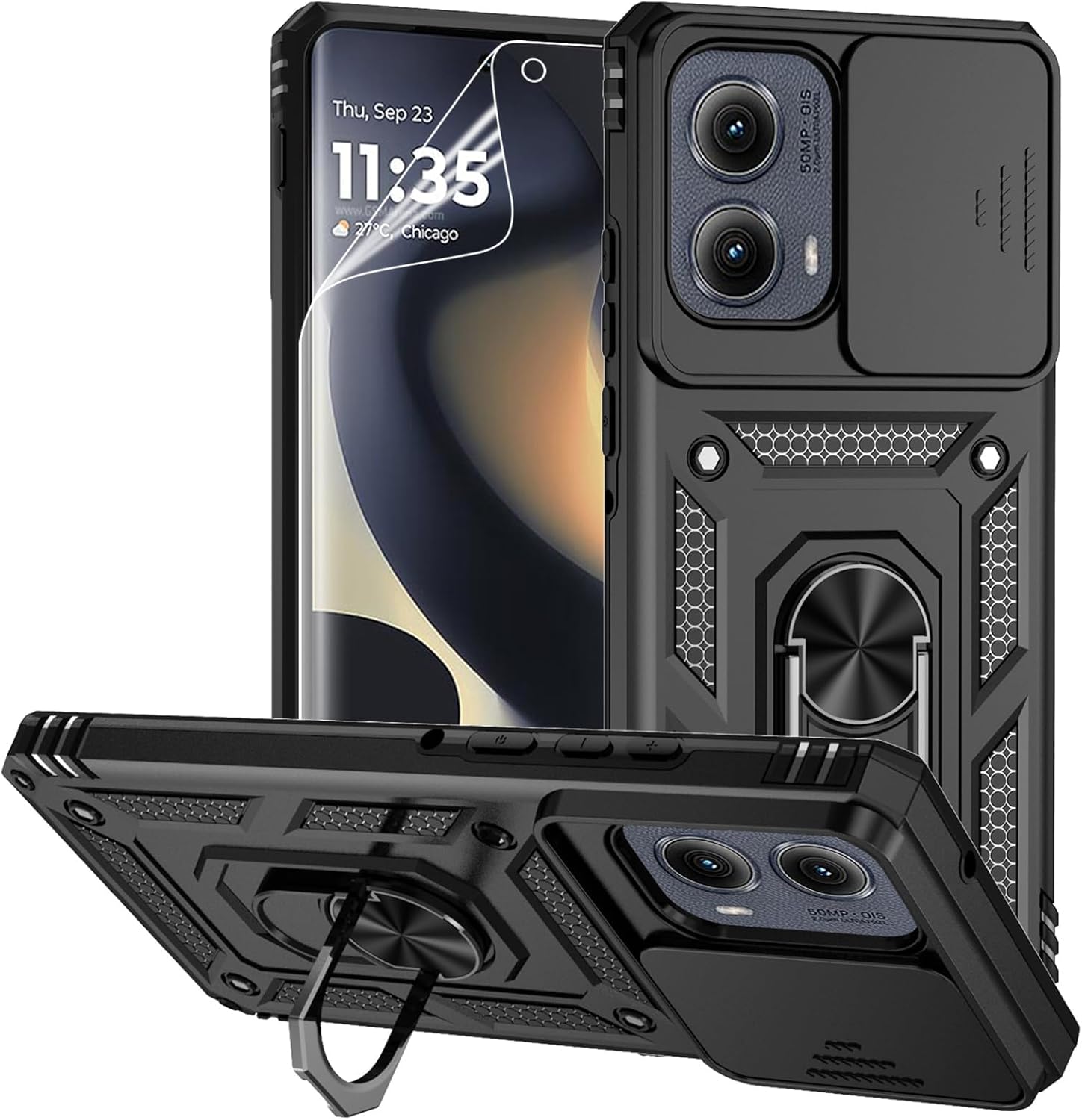 HCTian for Motorola Edge 2024 Case with Camera Lens Cover Screen Protector, Dual Layer Military-Grade Drop Tested Magnetic Ring Holder Kickstand Protective Phone Case for Motorola Moto Edge 2024
