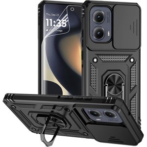 HCTian for Motorola Edge 2024 Case with Camera Lens Cover Screen Protector, Dual Layer Military-Grade Drop Tested Magnetic Ring Holder Kickstand Protective Phone Case for Motorola Moto Edge 2024