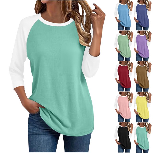 JDQJBZ Summer Womens Tops,3/4 Sleeves Tops For Womens Tops For Women Trendy Shirts For Women Color Raglan Sleeve Crew Neck Spring Summer Ladies T Shirt