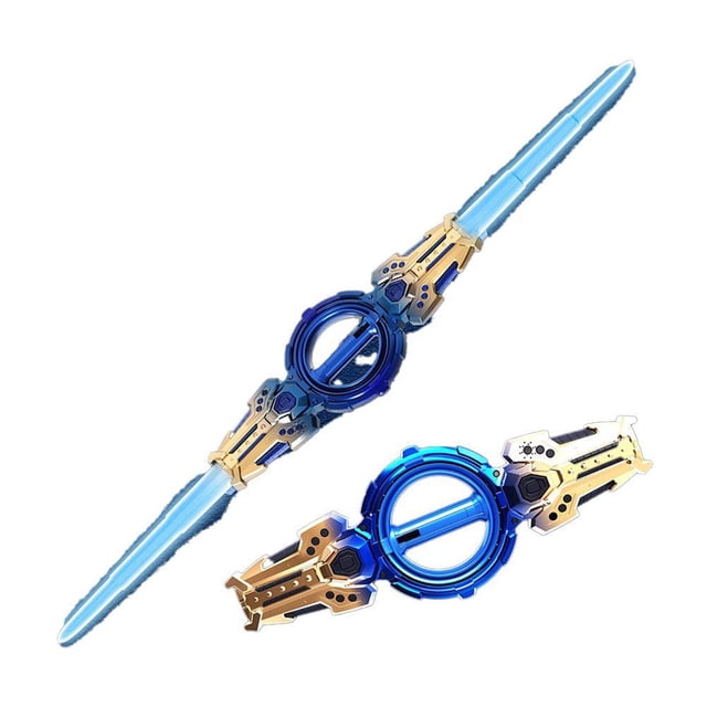 SharkTRUE Épée Lumineuse, Sabre Laser à Double Tranchant à Rotation de Feu avec Conception Télescopique à Double Tête en Bleu et Or. Comprend des Lumières DEL à Sept Couleurs, des Lames Rotatives et des Effets Sonores Réalistes. Fabriqué à Partir de Composants en Plastique Durables et Électroniques, Il Offre un Axe Double Rotation à 360° pour des Mouvements Dynamiques. Rechargeable via port USB‐C pour une Utilisation Prolongée, Convient aux raves, au cosplay et à l'Exposition.