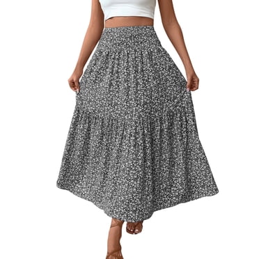 fheaev Jupe Maxi Bohème Fluide pour Femmes Tendance Taille Haute Élastique Ligne A Plissée à Volants à Étages Été Décontractée Plage Longues Jupes