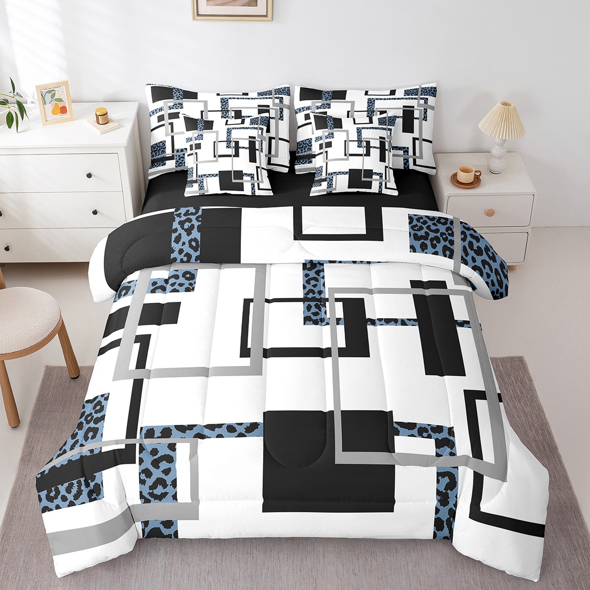 YST Ensemble de Douillette Mi-Siècle Simple 7 Pcs pour Adulte Noir Bleu à Rayures Lit Tout-en-un, Ensembles de Literie Modernes à Imprimé Guépard, Ensembles de Lit Réversibles Noir Gris avec Drap Plat et Drap-Housse, Couvre-Oreillers