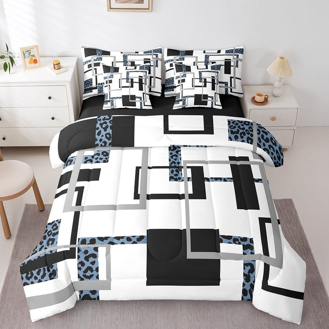 YST Ensemble Douillette 7 Pcs Style Mi-Siècle Grand Lit pour Adulte Noir Bleu à Rayures, Ensemble de Literie Imprimé Guépard Moderne, Ensembles de Lit Réversibles Noir Gris avec Drap Plat et Drap-Housse, Couvre-Oreillers
