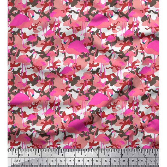 Soimoi Rayon Crepe Fabric Camouflage Texture & Flamingo Bird Print Fabric by the Yard 46 Inch Wide
