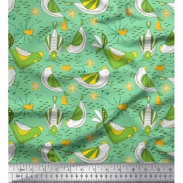 Soimoi Modal Satin Fabric Floral & Bird Cartoon Print Fabric by The Yard 42 Inch Wide