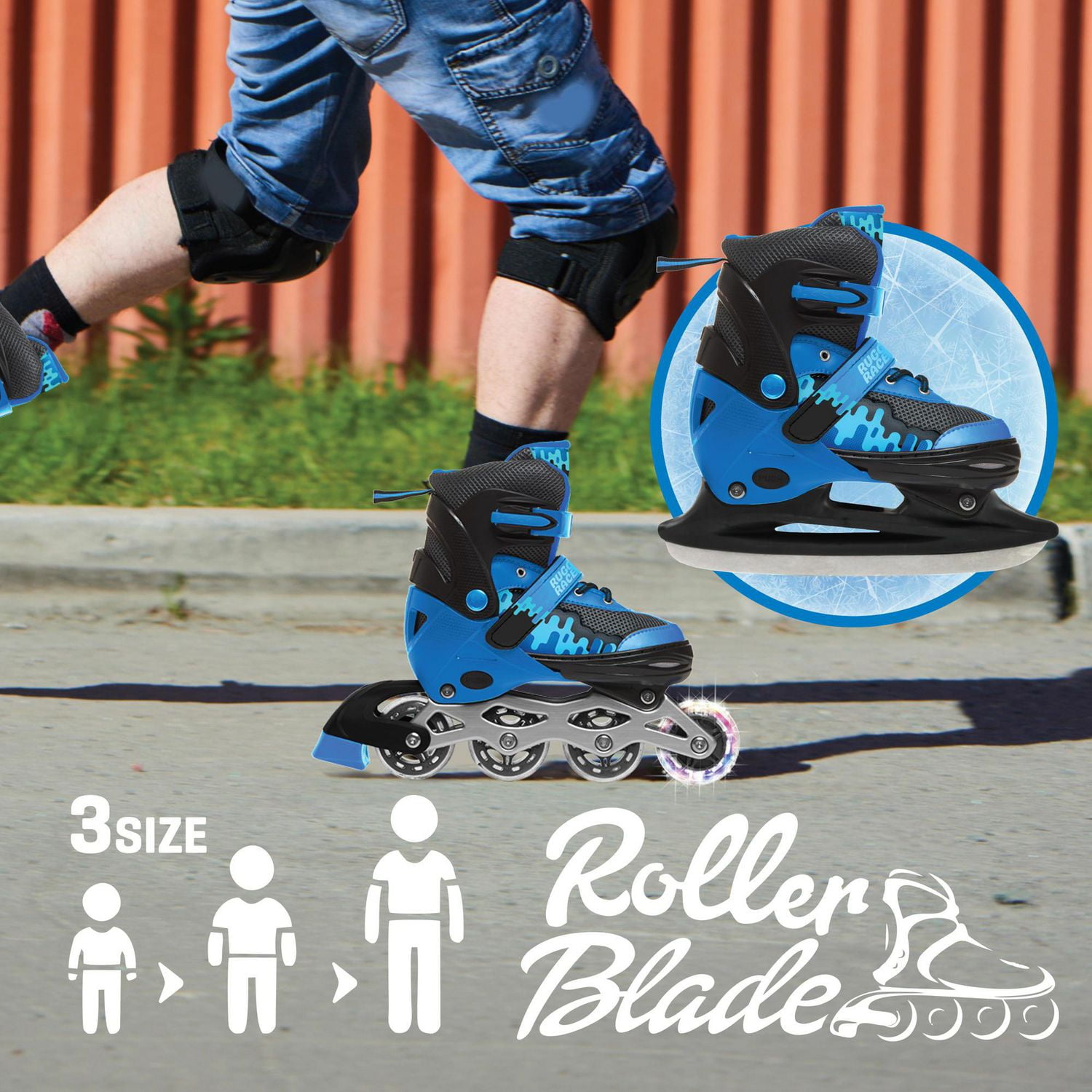 Rugged Racer Kids Adjustable and Convertible Rollerblade and Ice Skate - Medium - Blue
