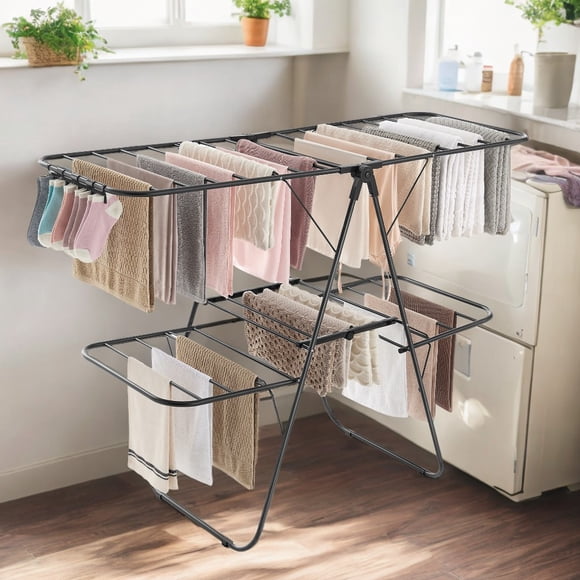 Black Clothes Drying Rack, Foldable 2 - Level, Free - Standing Large Drying Rack with Height - Adjustable Wings, 33 Drying Rails, and Sock Clips