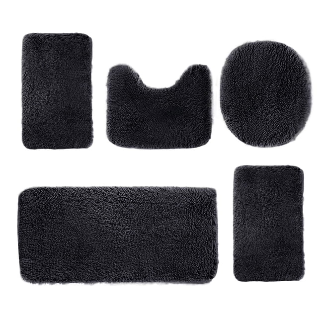 zanvin Bath Mats, a 5-piece set of solid color bathroom rugs in dark color, including a toilet mat, bath mat, floor mat, and two toilet seat covers. Made of velvet fleece and memory foam, these mats are soft, water-absorbent, non-slip, and machine washable. The set features various sizes, such as 15.7x31.5 inches for the bath mat and 15.7x14.9 inches for the toilet mat, designed for modern bathroom decor.
