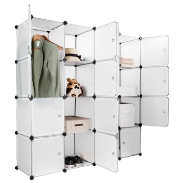 Bedroom Armoire Cube Organizer, DIY Plastic Portable Closet Cabinet with Hanging Rod, Closet Storage Shelves with Doors