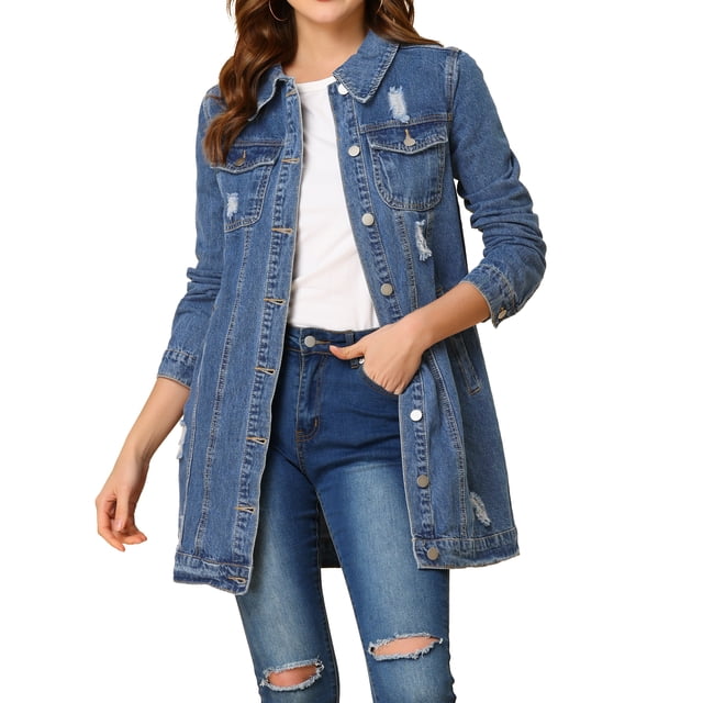 INSPIRE CHIC Women's Casual Long Sleeve Button Down Long Distressed Denim Jacket S Light Blue