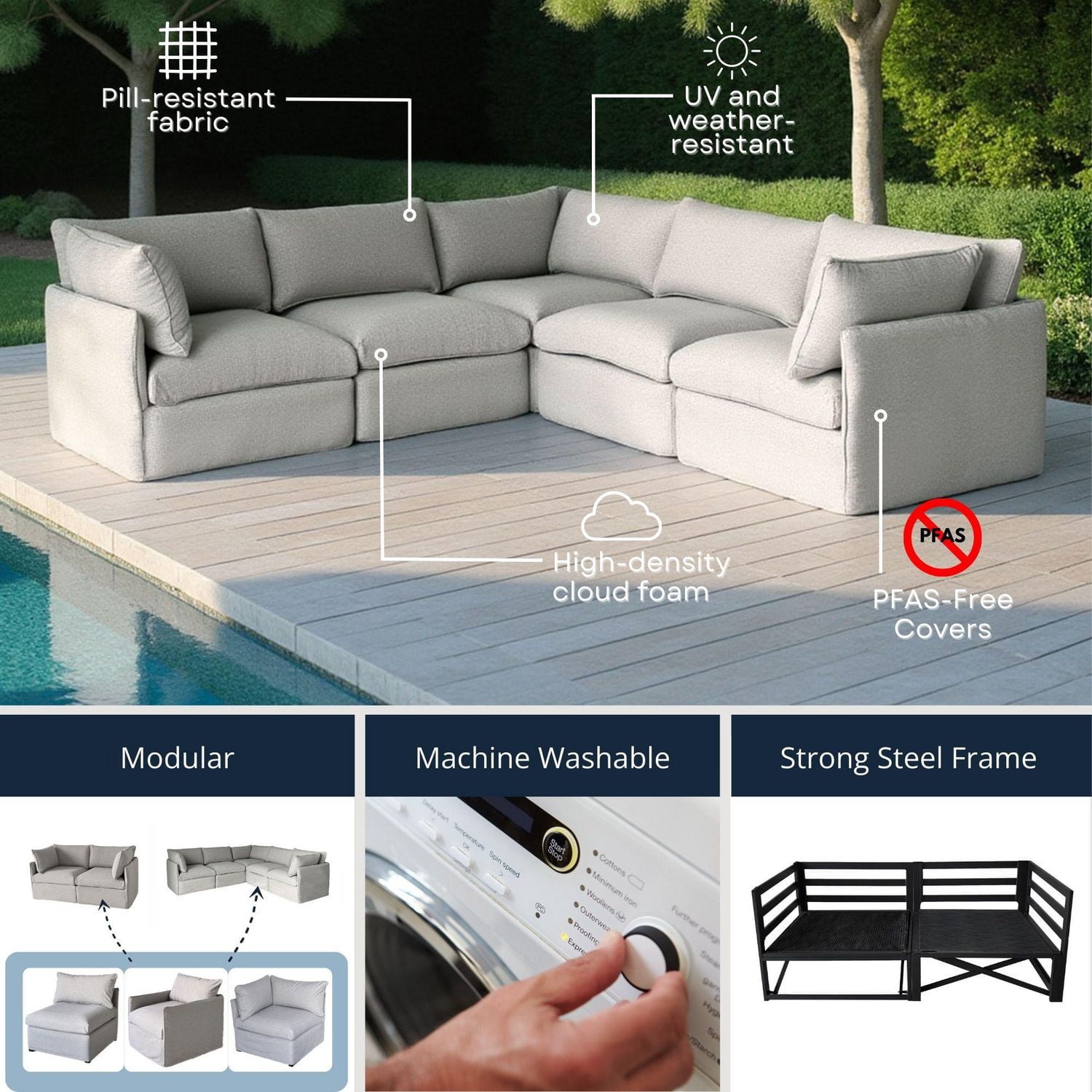 Ensemble de patio modulaire 3 places Patioflare Lanai, gris