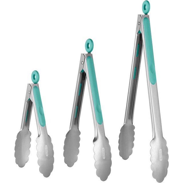 Pinces de Cuisine en Acier Inoxydable 18/8: U-Taste 7+9+12 Pouces, Pince de Cuisson Résistante à la Chaleur avec Pointes Métalliques Robustes et Poignée en Silicone Antidérapante et Verrouillage Fluide pour Servir un BBQ (Ensemble de 3, Aqua Sky)