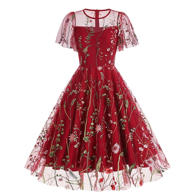 Meichang Robe Trapèze en Maille pour Femme, Robe Midi Rétro à Fleurs Évasée, Tunique Mode à Manches Courtes, Col Ras du Cou, Robe d'Été Évasée pour Église, Invitée de Mariage, Travail