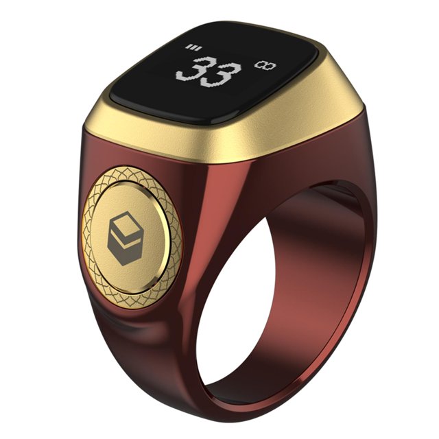 Iqibla Smart Tasbih Tally Counter for Muslims Zikr Digital 5 Prayer T 7Y2E R6U0, a wearable ring-style digital tasbih counter with a red and gold finish, featuring an OLED 0.49-inch screen for tally counts and a single button for operation. Lightweight plastic design with Bluetooth 5.1 connectivity, vibration motor, and a 40mAh battery offering up to 5 days of basic usage. Compatible with Android 5.1 or iOS 10.0 or later, ideal for Muslim prayer and zikr tracking.