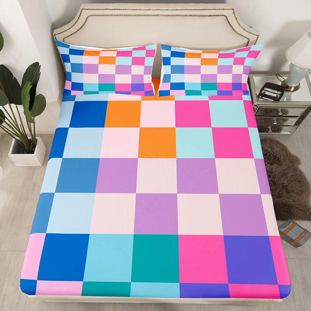 Erosebridal Checkered Gingham Fitted Sheet Set Twin, Colorful Rainbow Bedding Twin Size, Rectangle Geometry Fitted Sheet Twin, Lightweight Room Decorative, 2pcs(No Top Sheet)