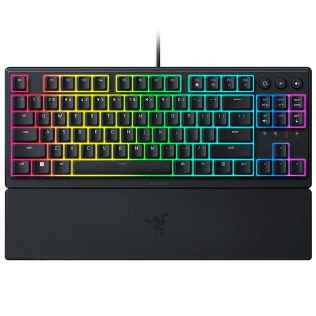 Razer Ornata V3 Clavier de Jeu Filaire compact à Profil Bas Tenkeyless pour PC avec Commutateurs Razer à Membrane Mécha, Touches Rétroéclairées Razer Chroma RVB à 8 Zones, Commandes Multimédias Dédiées et Repose-Poignet Magnétique à Toucher Doux Mettant en Vedette le logo Razer.