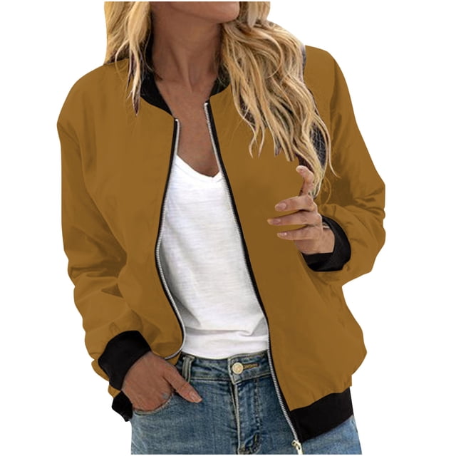 Womens Fashion Jacket Casual Stand Collar Zip Up Lightweight Coat Fall Color Block Jackets with Pockets Yellow M