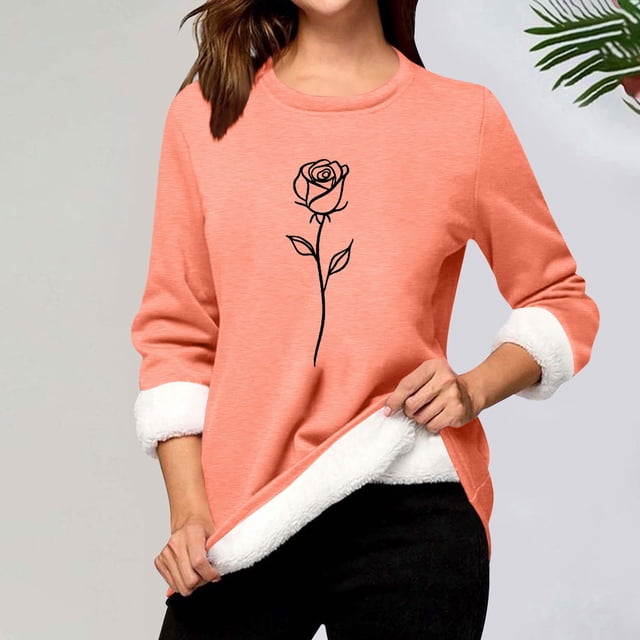 Heisall Chemises de Base pour Femmes Automne Hiver Imprimé Floral Col Rond Manches Longues Épaissies Polaire Teddy Shearling Chaud Ajusté Hauts Thermiques pour Usage Quotidien par Temps Froid