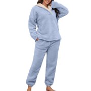 GDREDA Womens Pajamas Fluzzy Pajamas Warm Pullover Lapel Sleepwear Sets Women Pajama Sets pyjamas Blue,XL