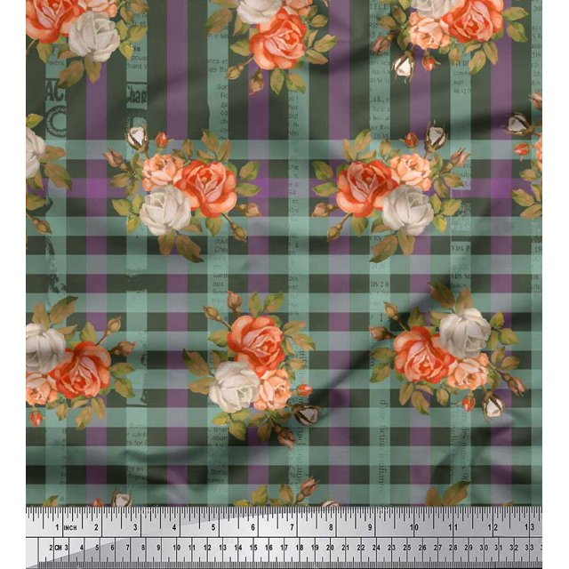 Soimoi Tissu en Poly Georgette à Carreaux, Imprimé Feuilles et Roses, Tissu au Mètre, Largeur 42 Pouces
