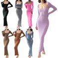 thumbnail image 4 of Women Long Bodycon Dress Solid Color Knitted Ribbed Square Neck Long Sleeve Dress Spring Fall Party Club Skinny Dress, 4 of 4