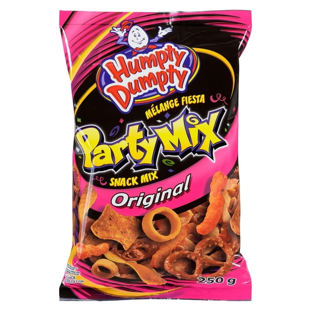 Old Dutch Humpty Dumpty Original Party Mix snack mix bag with pink and black design featuring pretzels, cheese curls, and ring-shaped snacks, 250 g, suitable for party snacking and casual occasions.