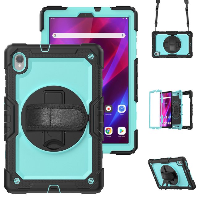 Case for Lenovo Tab K10 10.3 Inch / M10 FHD Plus 2020 2nd Gen with Screen Protector, 360 Degree Rotating Kickstand Hand Strap Heavy Duty Shockproof Cover with Shoulder Strap, Sky Blue PC