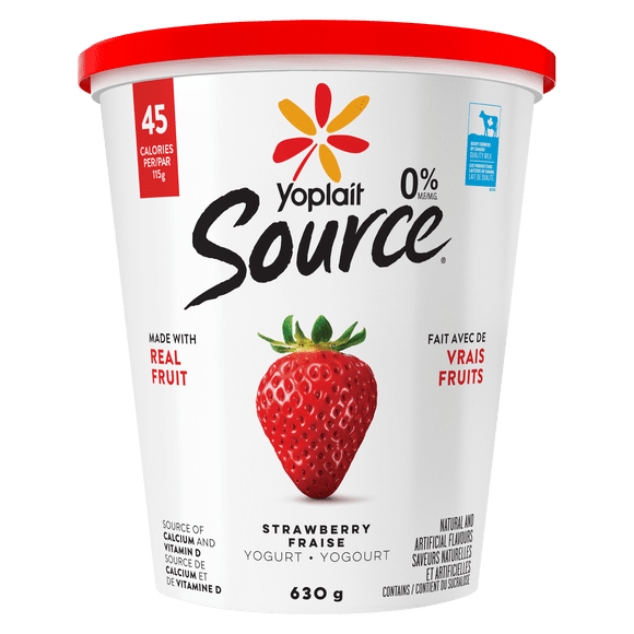 Yoplait Source 0% Smooth Traditional Yogurt, Strawberry, No Added Sugar, 630g