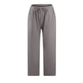 thumbnail image 4 of Women Casual Solid Cotton Linen Drawstring Elastic Waist Wide Leg Pants Cropped Trousers, 4 of 6