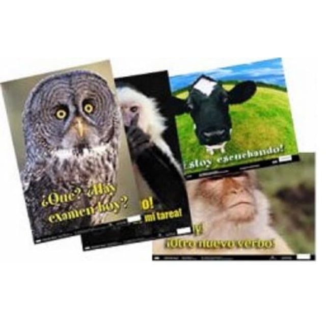 Poster Pals Affiches Amusantes en Espagnol, Ensemble de Quatre Affiches Murales Éducatives de 12 par 18 Pouces avec des images d'Animaux Colorées Incluant un Hibou, un Singe, une Vache et un Babouin, Affichant Chacune des Verbes et des phrases Espagnols avec des Traductions en Anglais, Idéal pour la Déco de la Maison et l'Apprentissage des Langues.
