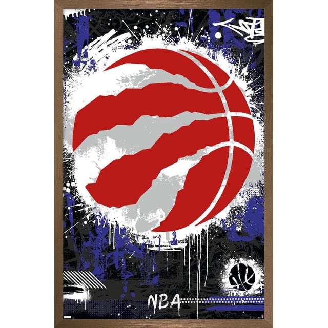 NBA Toronto Raptors - Maximalist Logo 23 Wall Poster, 22.375" x 34", features a large red basketball with silver claw marks on a black, white, and blue graffiti-style background with paint splatters and drips, suitable for decorating NBA fan rooms and sports spaces.