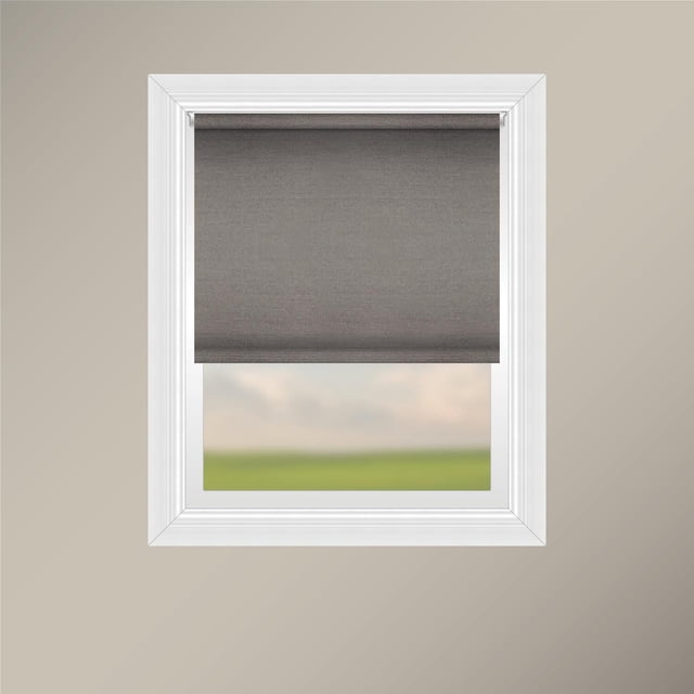 Off Cut Shades Chainless Satin Back Roller Shade-Cinder installed in a white window frame, showing a front view of the gray polyester fabric roller shade with satin-like exterior and heathered interior, partially lowered on a beige wall. The shade offers privacy blocking and features a durable aluminum headrail.