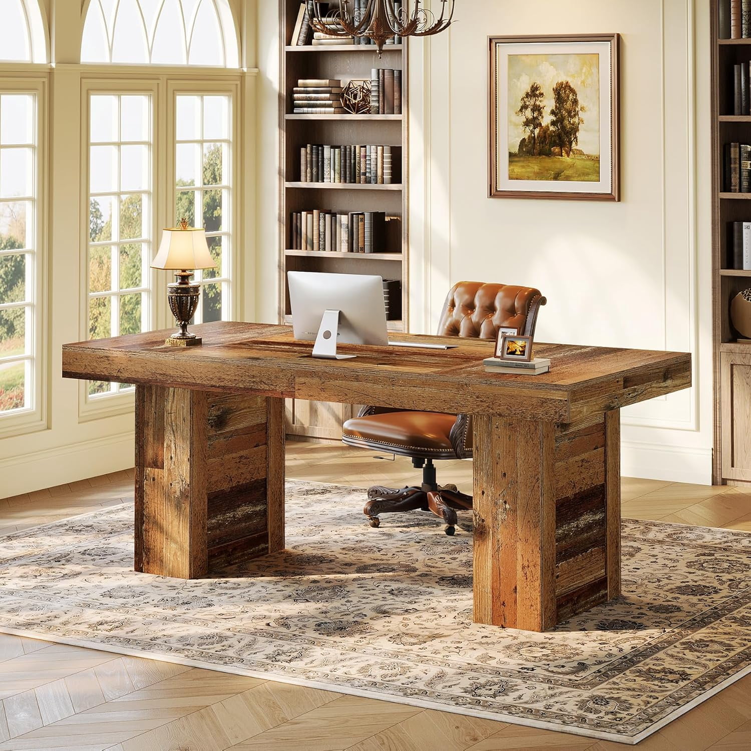Tribesigns 63" Farmhouse Executive Desk, Large Wooden Computer Desk with Heavy Duty Wide Legs, Rustic Home Office Writing Table, Conference Workstation for Working & Meeting (Brown)