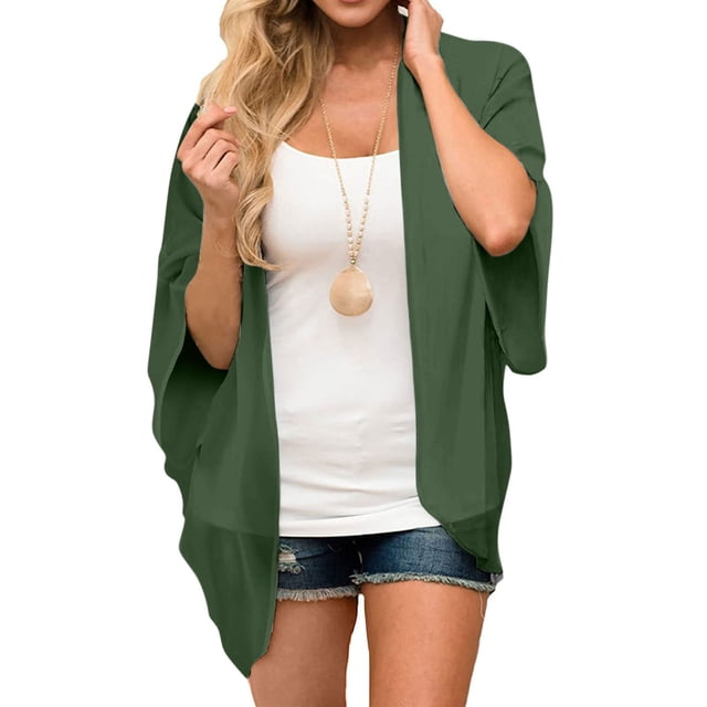 TIMIFIS Women Chiffon Printed Cardigan Kimono Robe Tops Beach Bikini Cover up Blouse-Green-XXXXXLFall