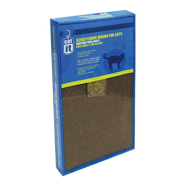 Catit Tapis à Griffer pour Chat avec Herbe à Chat, Grand, dans un Emballage Bleu Montrant une Grande surface à Griffer en Carton Ondulé et un sachet d'Herbe à Chat Inclus, Conçu pour Satisfaire les instincts de Griffage Naturels des Chats et Protéger les Meubles contre les Dommages aux Griffes.