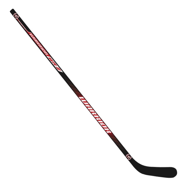 Warrior Hockey Stick - 57" - Wood - Left Hand Curve, a black wooden ice hockey stick with red and white Warrior branding on the shaft, featuring a left-hand curved blade designed for enhanced puck control and versatile use on rink or street surfaces.