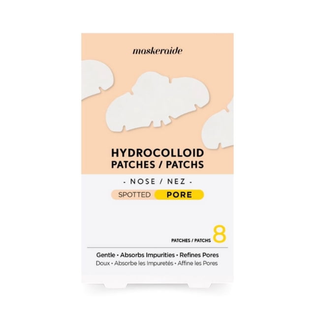 Maskeraide Hydrocolloid Nose Patches box featuring 8 white hydrocolloid patches shaped for the nose on a peach and white background, emphasizing gentle absorption of impurities and pore refinement for spotted pores.
