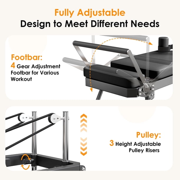 Machine Pilates Reformer Pliable – Cadre Acier, 5 Ressorts (3x20 Kg + 2x7,7 Kg), Charge 136 Kg, Accoudoirs 4 Positions, Silencieuse