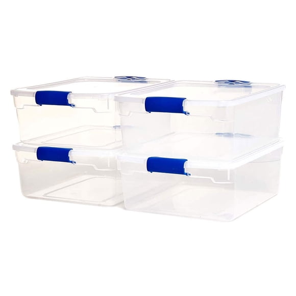 HOMZ 4-Pack 15.5 Qt Latching Lid, Home & Office Clear Plastic Storage Organizer Bins, Blue