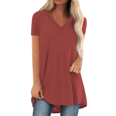 Fgnfyis T-Shirts pour Femmes Mode Grande Taille Imprimé Col en V Manches Courtes Long T-Shirt Blouse Hauts pour Femmes Vin m