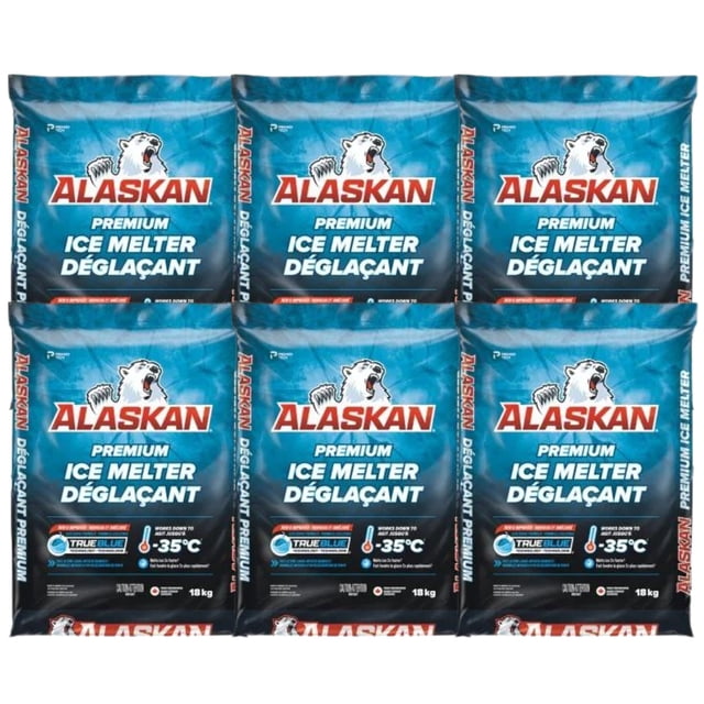Alaskan Premium Fondant à Glace 18 kg (Lot de 6) avec six Sacs de 18 kg de Fondant à Glace au design Audacieux Bleu et Noir, Mettant en Vedette le logo Alaskan et le Graphique d'Ours Polaire. Efficace pour Enlever la Glace à des Températures Aussi Basses Que -35 °C, Ce Produit Est Sécuritaire pour le Béton, la Végétation et les Animaux de Compagnie. Convient aux Trottoirs, aux Entrées, aux patios et aux Fournitures pour Faire Fondre la Neige Lors de conditions Hivernales Difficiles