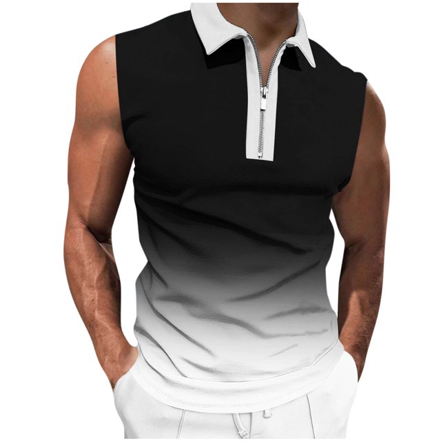 Plebaso Tank Tops for Men Casual Quarter Zip Collared Tee Shirts Sleeveless Gradient Color Fashion Shirts