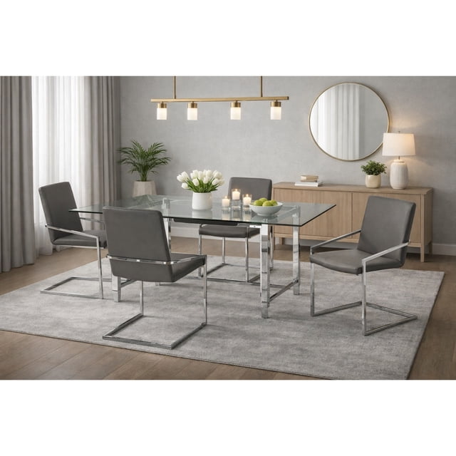 Brassex Magnum Ensemble de salle à manger 5 pièces pour salle à manger et cuisine avec table en verre trempé, pattes en acrylique et chaises rembourrées, gris