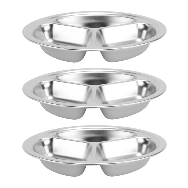 MasteelfCA 3Pcs Round Stainless Steel Dinner Tray Separation Plates Fast Food Plate Rice Dishes Silver (20cm, 3 Grids)