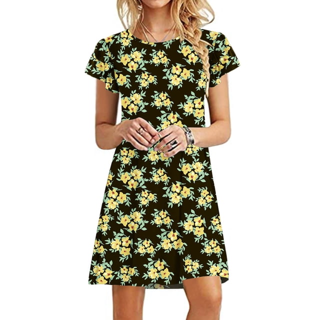 Fankiway Robes Mini pour Femmes Été Décontractées à Volants Manches Courtes Mignonnes Col Rond Robe Fluide avec Poches Robes d'Été pour Femmes Robes pour Femmes Grande Taille Liquidation
