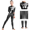 thumbnail image 3 of Girls Shiny Metallic Long Sleeve Unitard Spandex One Piece Wet Look Kid Bodysuit, 3 of 5