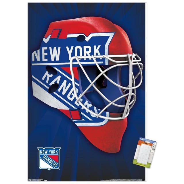 NHL New York Rangers - Mask 16 Wall Poster, 22.375" x 34" showing a front-facing red hockey goalie mask with the New York Rangers logo in blue, white, and red, featuring a silver metal cage on a dark blue background with a subtle radial gradient. The poster is printed on glossy paper and includes poster clips for easy hanging, suitable for sports room decor or fan parties.